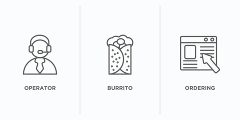 fast food outline icons set. thin line icons such as operator, burrito, ordering vector. linear icon sheet can be used web and mobile