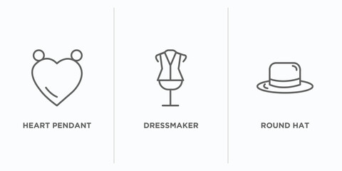 fashion outline icons set. thin line icons such as heart pendant, dressmaker, round hat vector. linear icon sheet can be used web and mobile