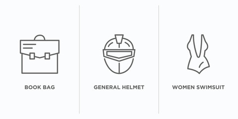 fashion outline icons set. thin line icons such as book bag, general helmet, women swimsuit vector. linear icon sheet can be used web and mobile