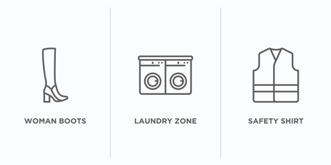 fashion outline icons set. thin line icons such as woman boots, laundry zone, safety shirt vector. linear icon sheet can be used web and mobile