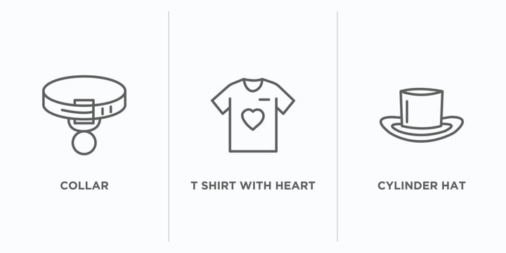 fashion outline icons set. thin line icons such as collar, t shirt with heart, cylinder hat vector. linear icon sheet can be used web and mobile