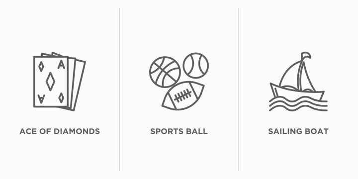 arcade outline icons set. thin line icons such as ace of diamonds, sports ball, sailing boat vector. linear icon sheet can be used web and mobile