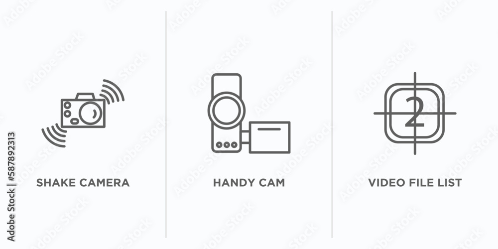 Poster electronic stuff fill outline icons set. thin line icons such as shake camera, handy cam, video file