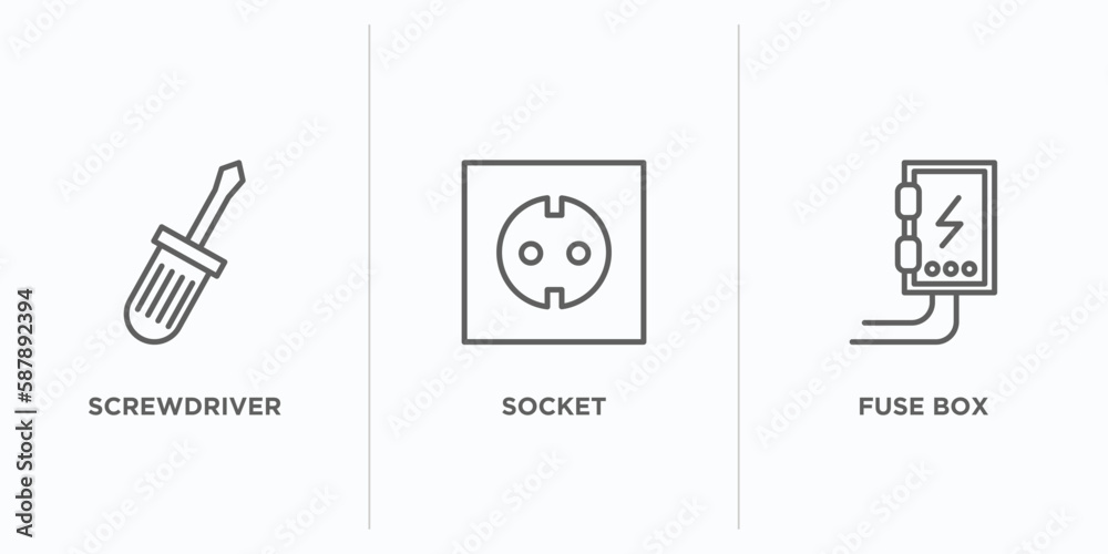 Poster electrian connections outline icons set. thin line icons such as screwdriver, socket, fuse box vecto