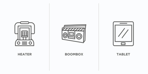 electronic devices outline icons set. thin line icons such as heater, boombox, tablet vector. linear icon sheet can be used web and mobile