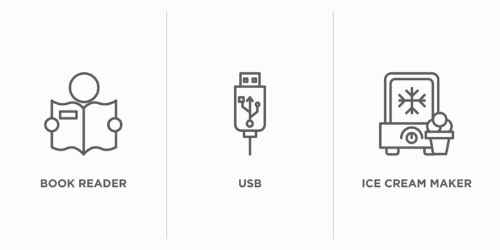 electronic devices outline icons set. thin line icons such as book reader, usb, ice cream maker vector. linear icon sheet can be used web and mobile