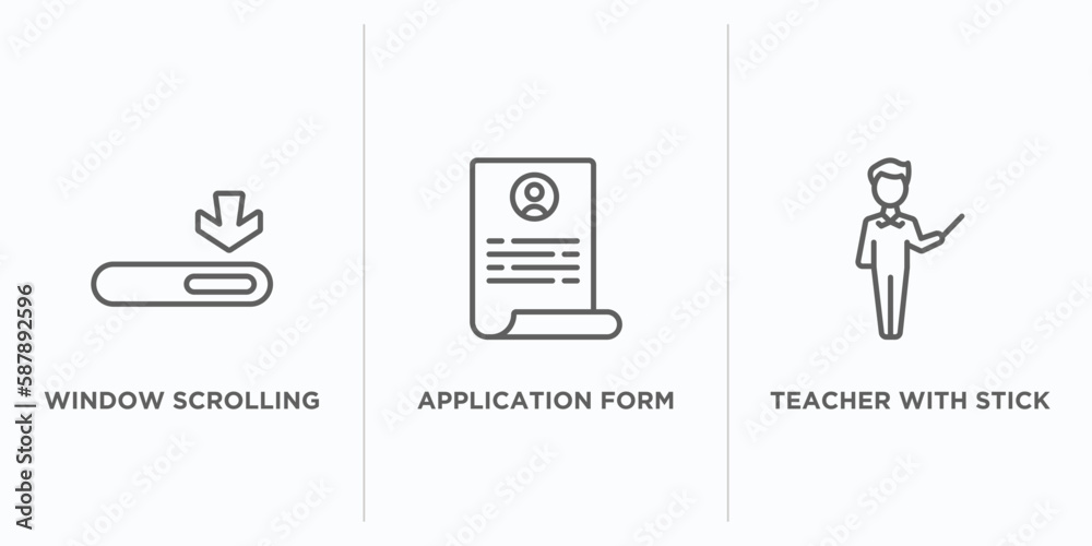 Poster education outline icons set. thin line icons such as window scrolling medium, application form, teac