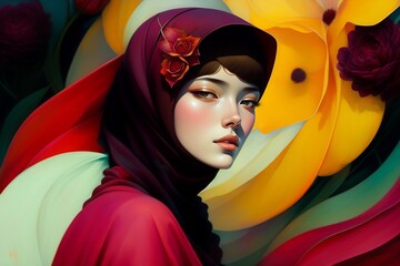 Ilustration Portrait of a Muslim Girl Women Wearing Hijab Flowery Head Red Maroon Scarf
