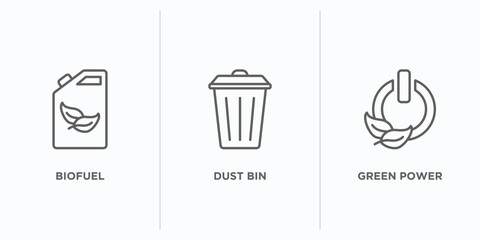 ecology outline icons set. thin line icons such as biofuel, dust bin, green power vector. linear icon sheet can be used web and mobile