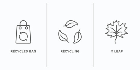 ecology outline icons set. thin line icons such as recycled bag, recycling, m leaf vector. linear icon sheet can be used web and mobile