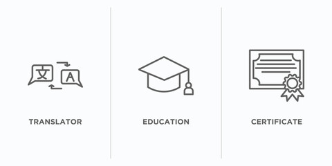 education outline icons set. thin line icons such as translator, education, certificate vector. linear icon sheet can be used web and mobile
