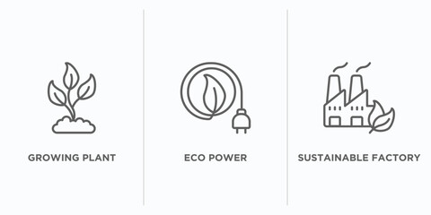 ecology outline icons set. thin line icons such as growing plant, eco power, sustainable factory vector. linear icon sheet can be used web and mobile