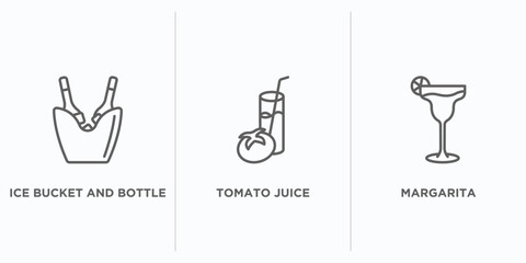 drinks outline icons set. thin line icons such as ice bucket and bottle, tomato juice, margarita vector. linear icon sheet can be used web and mobile