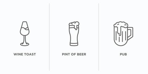 drinks outline icons set. thin line icons such as wine toast, pint of beer, pub vector. linear icon sheet can be used web and mobile