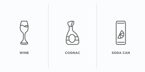 drinks outline icons set. thin line icons such as wine, cognac, soda can vector. linear icon sheet can be used web and mobile