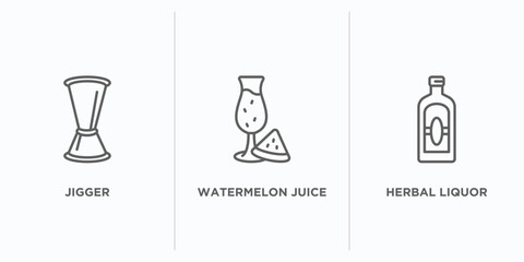 drinks outline icons set. thin line icons such as jigger, watermelon juice, herbal liquor vector. linear icon sheet can be used web and mobile