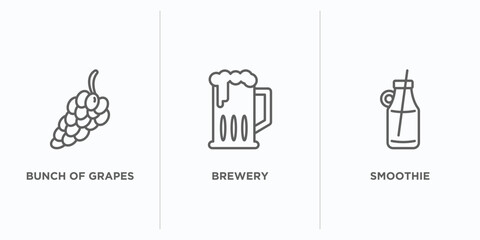 drinks outline icons set. thin line icons such as bunch of grapes, brewery, smoothie vector. linear icon sheet can be used web and mobile