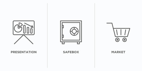 digital economy outline icons set. thin line icons such as presentation, safebox, market vector. linear icon sheet can be used web and mobile