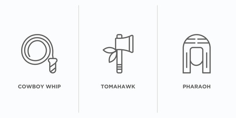 desert outline icons set. thin line icons such as cowboy whip, tomahawk, pharaoh vector. linear icon sheet can be used web and mobile