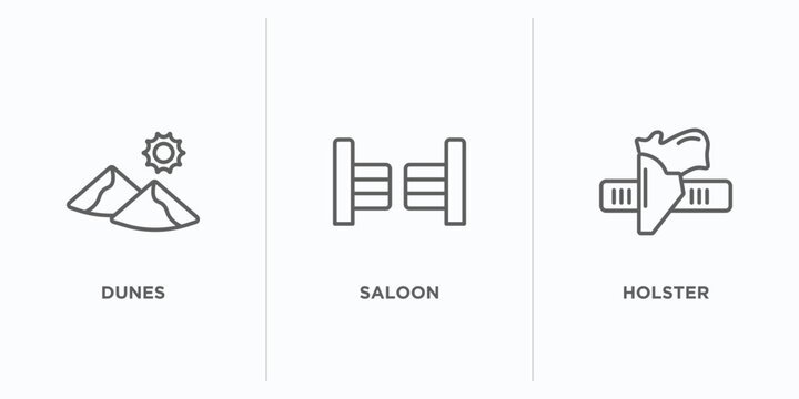 desert outline icons set. thin line icons such as dunes, saloon, holster vector. linear icon sheet can be used web and mobile