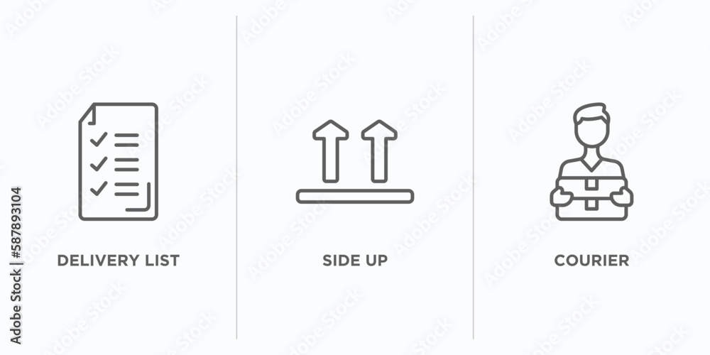 Poster delivery and logistic outline icons set. thin line icons such as delivery list, side up, courier vec