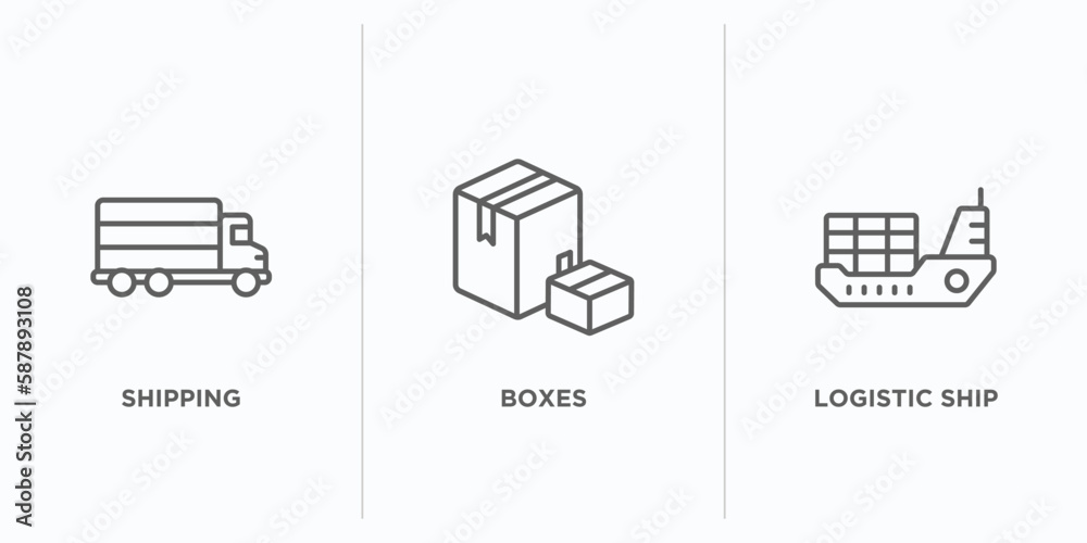 Poster delivery and logistic outline icons set. thin line icons such as shipping, boxes, logistic ship vect