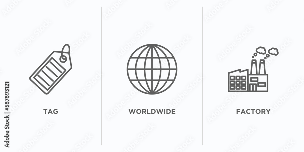 Poster delivery and logistic outline icons set. thin line icons such as tag, worldwide, factory vector. lin