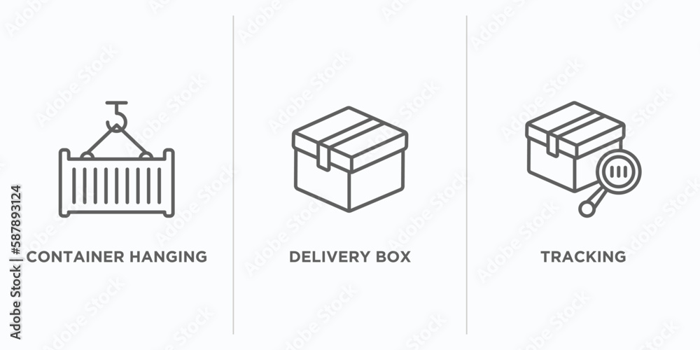 Poster delivery and logistic outline icons set. thin line icons such as container hanging, delivery box, tr