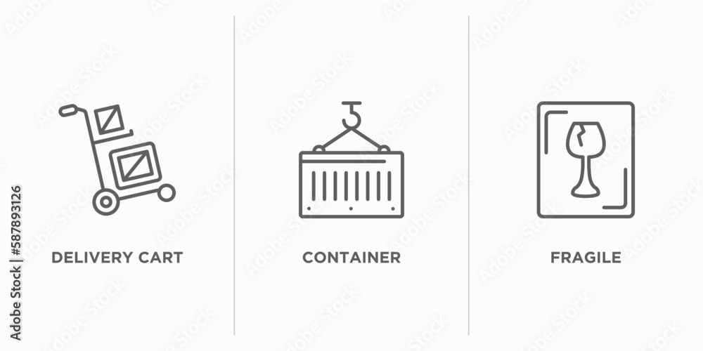 Poster delivery and logistic outline icons set. thin line icons such as delivery cart, container, fragile v