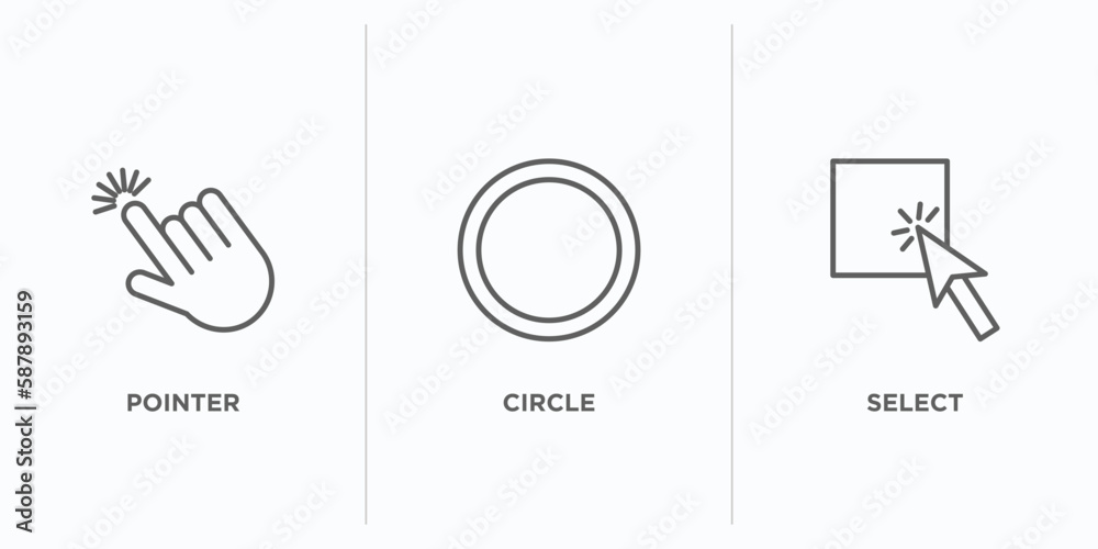 Poster category outline icons set. thin line icons such as pointer, circle, select vector. linear icon shee