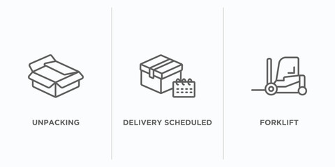 delivery and logistic outline icons set. thin line icons such as unpacking, delivery scheduled, forklift vector. linear icon sheet can be used web and mobile