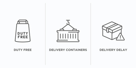 delivery and logistic outline icons set. thin line icons such as duty free, delivery containers, delivery delay vector. linear icon sheet can be used web and mobile