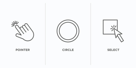 category outline icons set. thin line icons such as pointer, circle, select vector. linear icon sheet can be used web and mobile