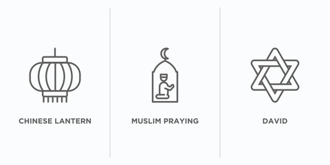 cultures outline icons set. thin line icons such as chinese lantern, muslim praying, david vector. linear icon sheet can be used web and mobile