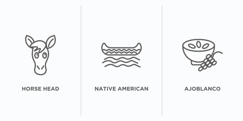 culture outline icons set. thin line icons such as horse head, native american canoe, ajoblanco vector. linear icon sheet can be used web and mobile