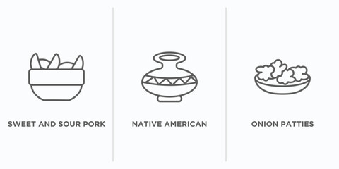 culture outline icons set. thin line icons such as sweet and sour pork, native american pot, onion patties vector. linear icon sheet can be used web and mobile