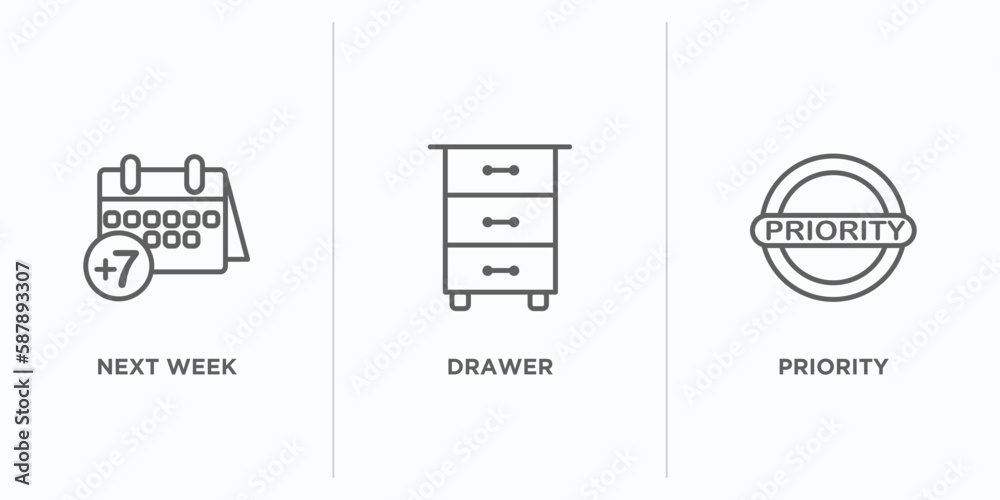 Poster content outline icons set. thin line icons such as next week, drawer, priority vector. linear icon s