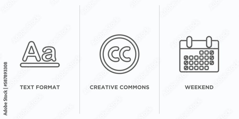 Poster content outline icons set. thin line icons such as text format, creative commons, weekend vector. li