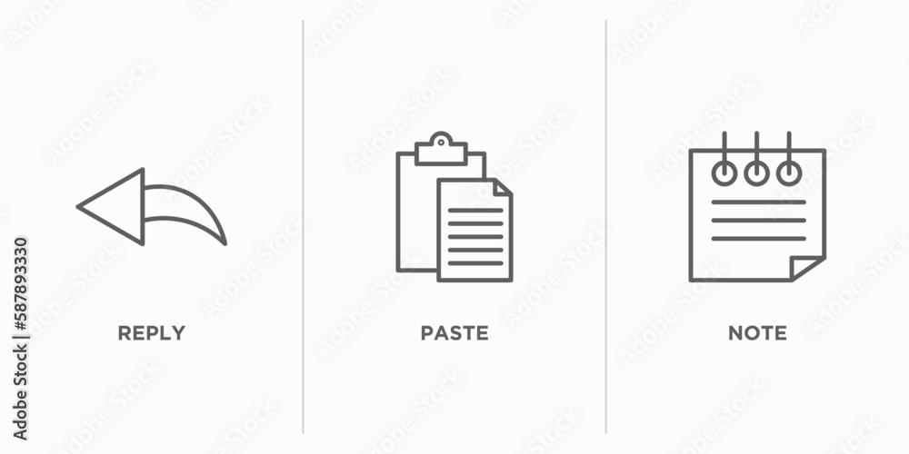 Poster content outline icons set. thin line icons such as reply, paste, note vector. linear icon sheet can 