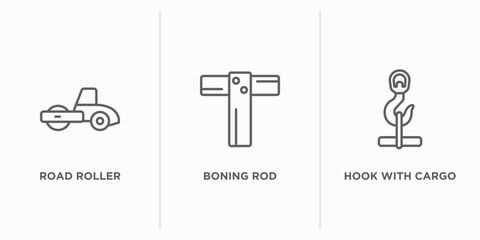 construction tools outline icons set. thin line icons such as road roller, boning rod, hook with cargo vector. linear icon sheet can be used web and mobile