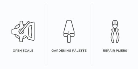 construction tools outline icons set. thin line icons such as open scale, gardening palette, repair pliers vector. linear icon sheet can be used web and mobile
