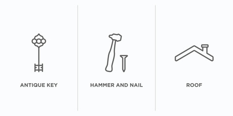 construction tools outline icons set. thin line icons such as antique key, hammer and nail, roof vector. linear icon sheet can be used web and mobile