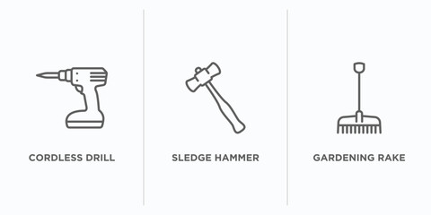 construction tools outline icons set. thin line icons such as cordless drill, sledge hammer, gardening rake vector. linear icon sheet can be used web and mobile
