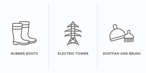 construction tools outline icons set. thin line icons such as rubber boots, electric tower, dustpan and brush vector. linear icon sheet can be used web and mobile