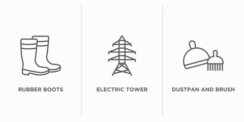 Fototapeta premium construction tools outline icons set. thin line icons such as rubber boots, electric tower, dustpan and brush vector. linear icon sheet can be used web and mobile
