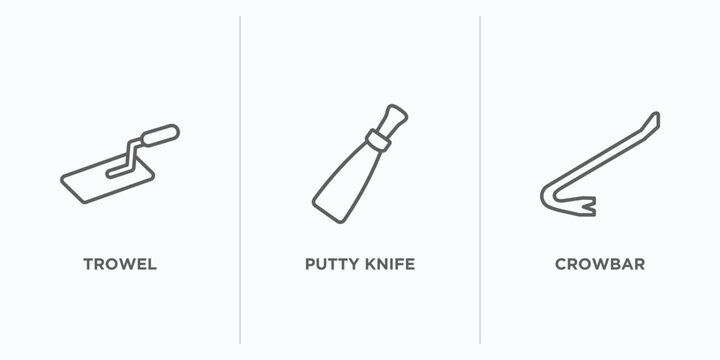 construction tools outline icons set. thin line icons such as trowel, putty knife, crowbar vector. linear icon sheet can be used web and mobile