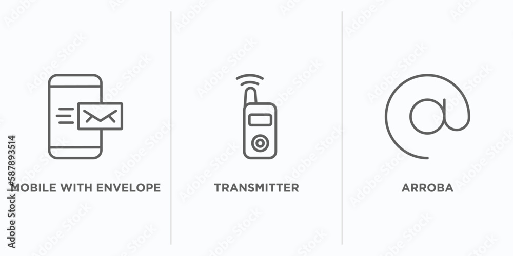 Poster communication outline icons set. thin line icons such as mobile with envelope, transmitter, arroba v