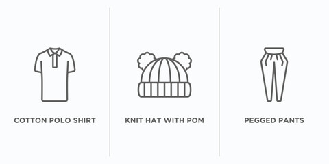 clothes outline icons set. thin line icons such as cotton polo shirt, knit hat with pom pom, pegged pants vector. linear icon sheet can be used web and mobile