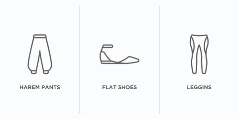 clothes outline icons set. thin line icons such as harem pants, flat shoes, leggins vector. linear icon sheet can be used web and mobile