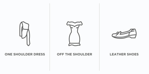 clothes outline icons set. thin line icons such as one shoulder dress, off the shoulder dress, leather shoes vector. linear icon sheet can be used web and mobile